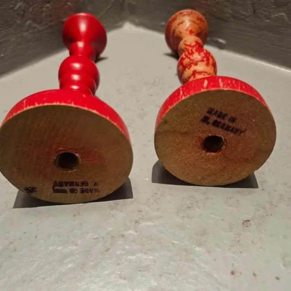 Pair of Red Rustic Wooden Candlestick Holders Made in Germany